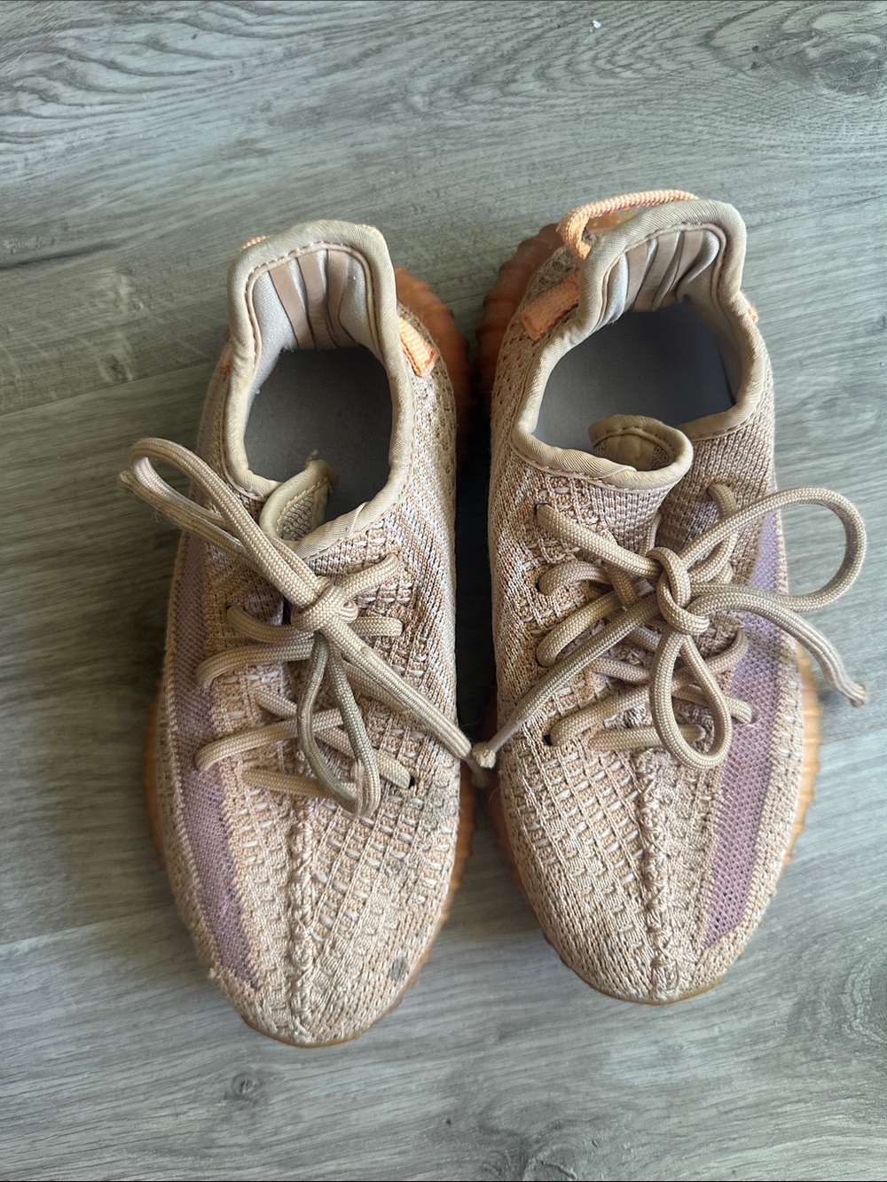Yeezy Women’s Knit Sneakers in Beige with Mauve Stripe